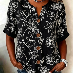 Women Floral Stand Collar Long Sleeve Shirt Vintage Daily Spring/Fall Top, JustFashionNow Blouses, color:Black|size:5XL