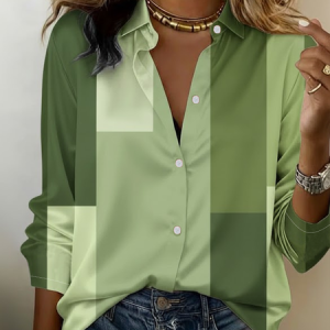 Women Abstract Shawl Collar Long Sleeve Shirt Casual Daily Spring/Fall Top, JustFashionNow Shirts, color:Green|size:XXL