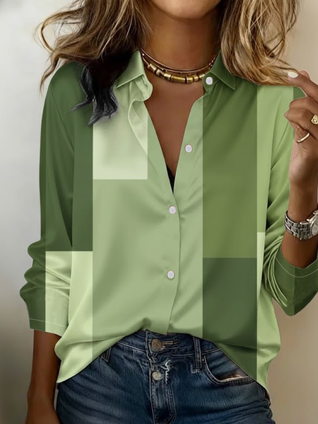 Women Abstract Shawl Collar Long Sleeve Shirt Casual Daily Spring/Fall Top, JustFashionNow Shirts, color:Green|size:XXL