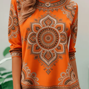 Women Ethnic Long Sleeve Tee T-shirt Crew Neck Casual Tunic Spring/Fall Top, JustFashionNow T-Shirts, color:Orange|size:XXL