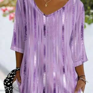 Women Abstract Short Sleeve Tee T-shirt V Neck Casual Summer Top, JustFashionNow T-Shirts, color:Purple|size:5XL