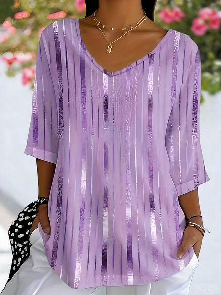 Women Abstract Short Sleeve Tee T-shirt V Neck Casual Summer Top, JustFashionNow T-Shirts, color:Purple|size:5XL