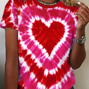 Women Heart/Cordate Short Sleeve Tee T-shirt Crew Neck Printing Casual Graphic Tee Summer Top, JustFashionNow T-Shirts, color:Deep Pink|size:XXL