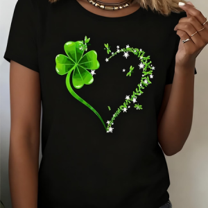 Women Shamrock Short Sleeve Tee T-shirt Crew Neck Printing Casual Graphic Tee Summer Top, JustFashionNow T-Shirts, color:Black|size:XXL