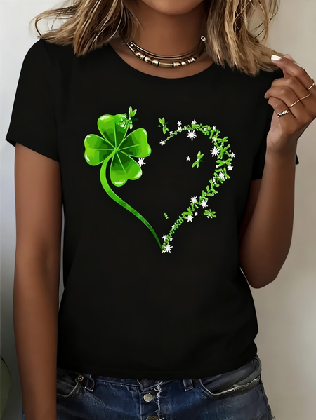 Women Shamrock Short Sleeve Tee T-shirt Crew Neck Printing Casual Graphic Tee Summer Top, JustFashionNow T-Shirts, color:Black|size:XXL