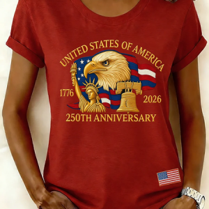 Women Independence Day (Flag) Short Sleeve Tee T-shirt Crew Neck Printing Casual Graphic Tee Summer Top, JustFashionNow T-Shirts, color:Red|size:XXL