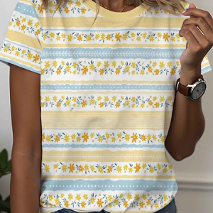 Women Floral Short Sleeve Tee T-shirt Crew Neck Printing Casual Graphic Tee Summer Top, JustFashionNow T-Shirts, color:Yellow|size:XXL