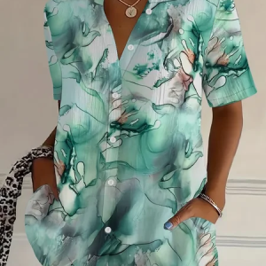 Women Abstract Shirt Collar Short Sleeve Shirt Printing Casual Daily Summer Top, JustFashionNow Shirts, color:Green|size:XXL