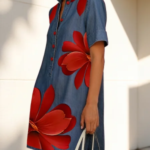 Casual Floral Buttoned Shawl Collar Soft Tencel Denim Mini Dress, Mini Dresses, color:Red|size:XXL, Stylewe