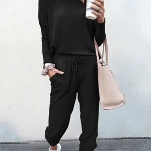 Women Plain Split Joint Two-Piece Set Daily Long Sleeve Casual Spring/Fall Top With Pants Matching Set, JustFashionNow Suit Set, color:Black|size:3XL