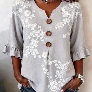 Women Floral V Neck Half Sleeve Blouse Printing Vintage Daily Summer Top, JustFashionNow Blouses, color:Light Gray|size:5XL