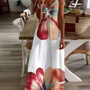Women Floral Sleeveless V Neck Printing Dress Daily Casual Maxi Slip Dress X-Line Summer Dress, JustFashionNow Casual Dresses, color:White|size:XXL
