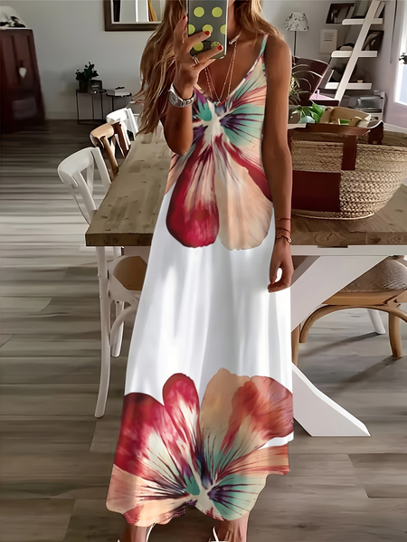Women Floral Sleeveless V Neck Printing Dress Daily Casual Maxi Slip Dress X-Line Summer Dress, JustFashionNow Casual Dresses, color:White|size:XXL
