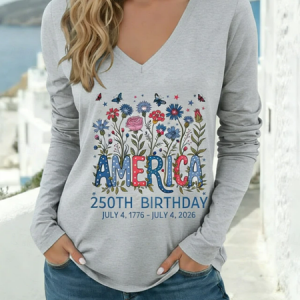 Women Floral Long Sleeve Tee T-shirt V Neck Printing Casual Graphic Tee Spring/Fall Top, JustFashionNow T-Shirts, color:Gray|size:XXL