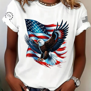 Women Eagle Old Glory Short Sleeve Tee T-shirt Crew Neck Printing Casual Graphic Tee Summer Top, JustFashionNow T-Shirts, color:White|size:XXL