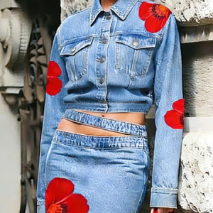 Casual  Buttoned Floral Lapel Collar Denim Coat, Tops, color:Red|size:XXL, Stylewe