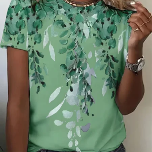 Women Floral Short Sleeve Tee T-shirt Crew Neck Printing Casual Graphic Tee Summer Top, JustFashionNow T-Shirts, color:Green|size:XXL