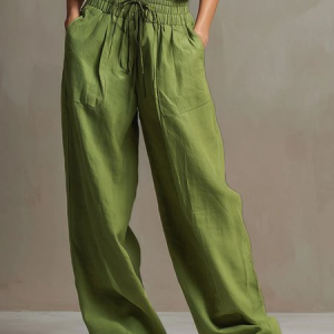 Cotton Casual Plain Pockets Wide Leg Pants, Pants, color:Green|size:XXL, Stylewe