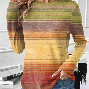 Women Abstract Stripes Long Sleeve Tee T-shirt Crew Neck Printing Casual Graphic Tee Spring/Fall Top, JustFashionNow T-Shirts, color:Yellow|size:XXL