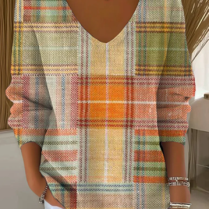 Women Plaid Long Sleeve Tee T-shirt V Neck Printing Casual Spring/Fall Top, JustFashionNow T-Shirts, color:As Picture|size:5XL