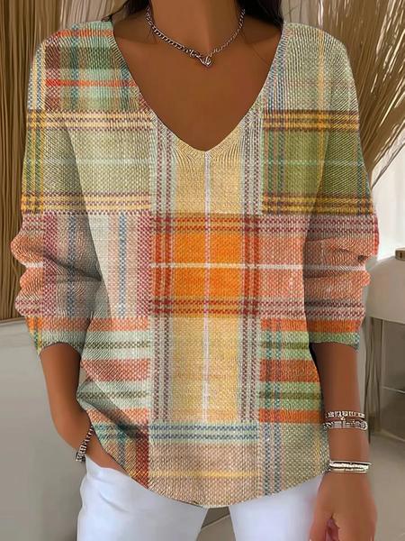 Women Plaid Long Sleeve Tee T-shirt V Neck Printing Casual Spring/Fall Top, JustFashionNow T-Shirts, color:As Picture|size:5XL
