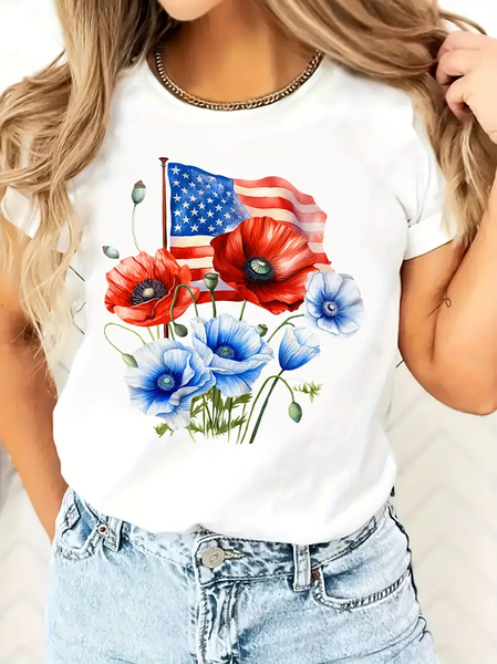Women Floral Short Sleeve Tee T-shirt Crew Neck Printing Casual Graphic Tee Summer Top, JustFashionNow T-Shirts, color:White|size:XXL - Image 3