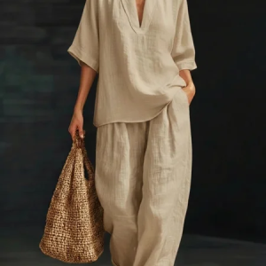 Women Plain Two-Piece Set Daily Three Quarter Sleeve Casual Spring/Fall Top With Pants Matching Set, JustFashionNow Suit Set, color:Apricot|size:3XL