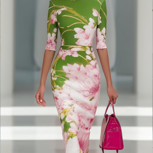 Plus Size Elegant Floral Printing Crew Neck Midi Dress, Plus Dresses, color:Green|size:4X, Stylewe