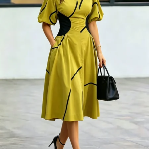 Urban Geometric Shirt Collar Midi Dress, Midi Dresses, color:As Picture|size:XXL, Stylewe