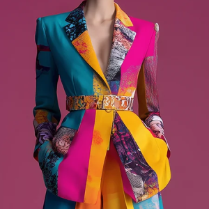 Elegant Printing Random Print Lapel Collar Blazer With Belt, Blazers, color:As Picture|size:XXL, Stylewe