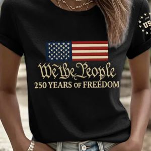 Women America Flag Short Sleeve Tee T-shirt Crew Neck Casual Summer Top, JustFashionNow T-Shirts, color:Black|size:M