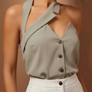 Urban Plain Asymmetric Halter Neck Tank Top, Tanks and Camis, color:Gray-brown|size:XXL, Stylewe