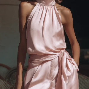 Satin Urban Plain Halter Neck Tank Top, Tanks and Camis, color:Pink|size:XXL, Stylewe