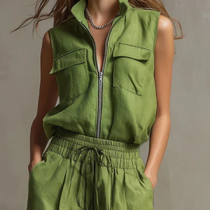 Cotton Casual Zipper Plain Shawl Collar Vest, Vests and Gilets, color:Green|size:XXL, Stylewe