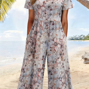 Women Floral V Neck Half Sleeve Casual Summer Jumpsuit, JustFashionNow Jumpsuits＆Rompers, color:As Picture|size:4XL