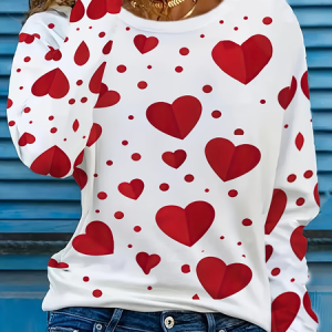 Women Heart/Cordate Long Sleeve Tee T-shirt Crew Neck Printing Casual Graphic Tee Spring/Fall Top, JustFashionNow T-Shirts, color:White|size:XXL