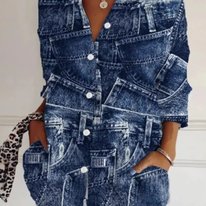 Women Faux Denim Print Graphic Shirt Collar Long Sleeve Shirt Buckle Regular Sleeve Casual Daily Spring/Fall Top, JustFashionNow Shirts, color:Blue|size:XXL