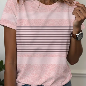 Women Striped Short Sleeve Tee T-shirt Crew Neck Printing Casual Graphic Tee Summer Top, JustFashionNow T-Shirts, color:Pink|size:XXL