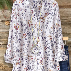 Women Floral Shirt Collar Long Sleeve Shirt Buckle Regular Sleeve Casual Daily Spring/Fall Top, JustFashionNow Shirts, color:White|size:XXL