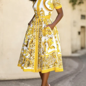 Urban Ethnic Print Tailored Midi Shirt Dress With Belt, Midi Dresses, color:As Picture|size:XXL, Stylewe
