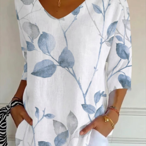 Women Floral Three Quarter Sleeve Tee T-shirt V Neck Printing Casual Graphic Tee Spring/Fall Top, JustFashionNow T-Shirts, color:White|size:5XL