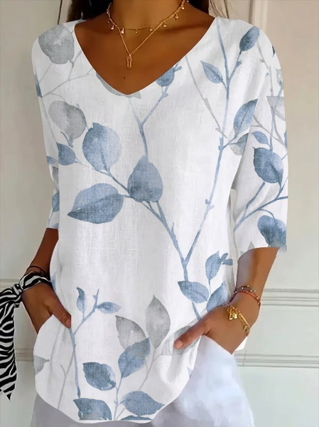 Women Floral Three Quarter Sleeve Tee T-shirt V Neck Printing Casual Graphic Tee Spring/Fall Top, JustFashionNow T-Shirts, color:White|size:5XL