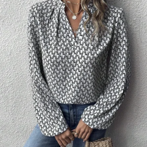Women Geometric V Neck Long Sleeve Shirt Printing Balloon Sleeve Casual Daily Spring/Fall Top, JustFashionNow Blouses, color:White|size:XXL