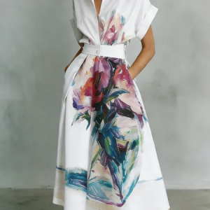 Urban Floral Printing Shirt Collar Midi Dress, Midi Dresses, color:White|size:XXL, Stylewe