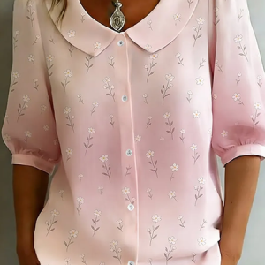 Women Floral Shawl Collar Half Sleeve Shirt Printing Casual Daily Summer Top, JustFashionNow Shirts, color:Pink|size:5XL