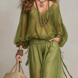 Casual Plain V Neck Balloon Sleeve Blouse, Blouses and Shirts, color:Green|size:XXL, Stylewe