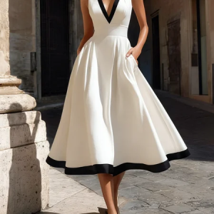 Elegant Color Block V Neck Midi Dress, Midi Dresses, color:White|size:XXL, Stylewe