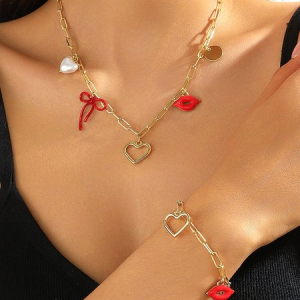 Valentine's Day Red Heart-shaped Bow Geometric Rose Zinc Alloy Plated Polymer Clay Bracelet And Necklace Set - A High-end Elegant Jewelry Set, JustFashionNow Necklaces, color:Color4|size:One-size