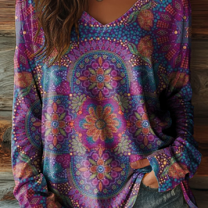 Women Floral Long Sleeve Tee T-shirt V Neck Printing Casual Graphic Tee Spring/Fall Top, JustFashionNow T-Shirts, color:Purple|size:XXL