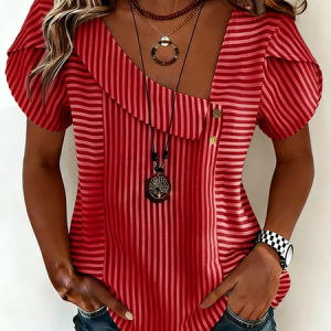 Women Striped Short Sleeve Tee T-shirt Casual Summer Top, JustFashionNow T-Shirts, color:Red|size:5XL